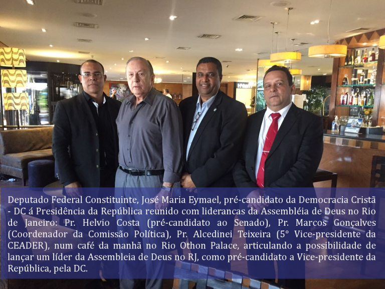 Deputado Federal Constituinte, José Maria Eymael, pré-canditato da Democracia Cristã – DC á Presidêcnia da República reunido com lideranças da Assembleia de Deus no Rio de Janeiro.